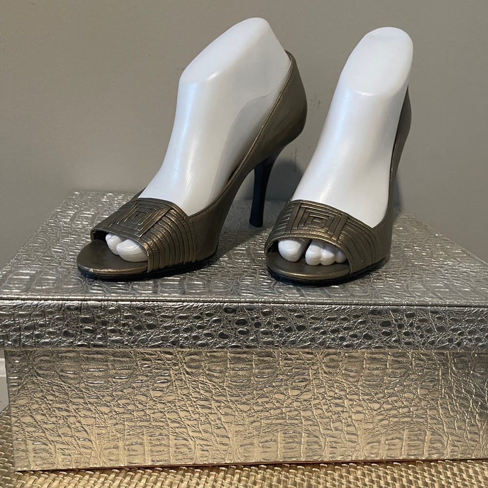 Calvin Klein Open Toe Heels, Bronze, Size 7.5, $26